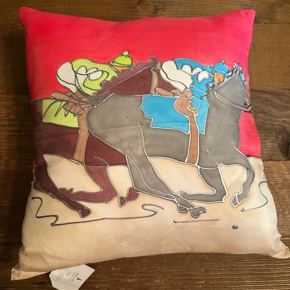 Rare Tea Stained Silk EQUESTRIAN HANDPAINTED Decorative PILLOW HORSE Jockey